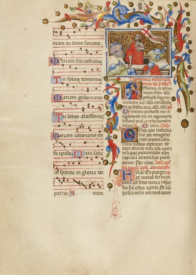 La resurrección; Inicial R: Un soldado durmiendo de Master of the Brussels Initials